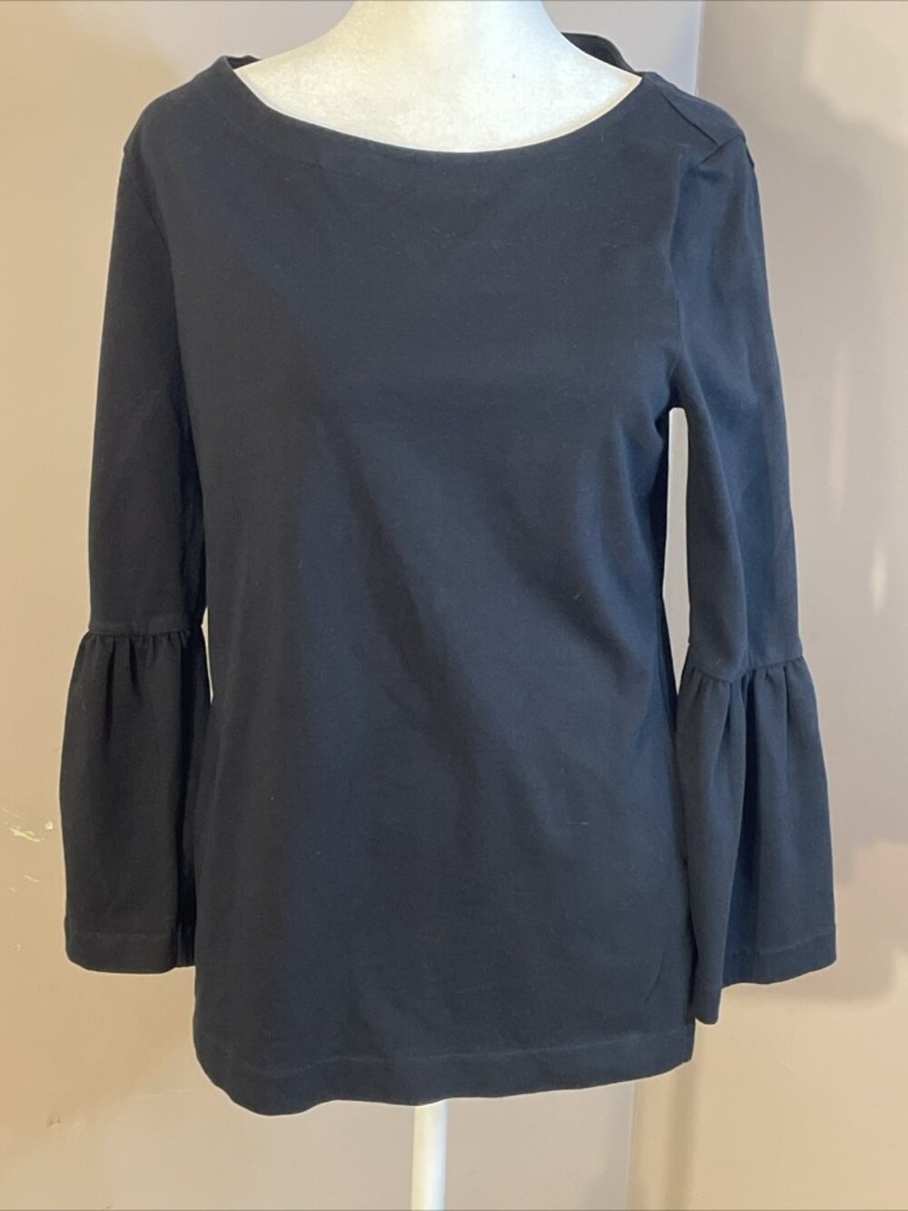 J. Crew 100% Cotton Flare Bell Sleeve Blue Top Boat Neckline Women’s Sz Small